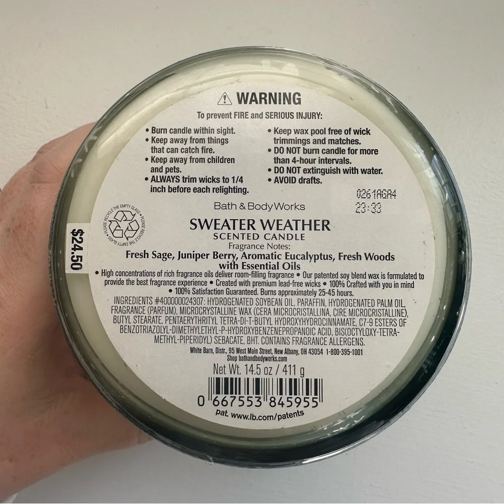 NWT Bath & Body Works 3-Wick Candle- “Sweater Weather” Scent - Picture 3 of 4